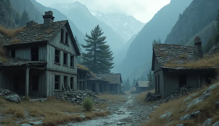 “Abandoned ghost-town buildings hidden in a mountain hollow, windows black and empty, silhouettes of small figures barely visible among structures; eerie atmospheric 8K.” 
