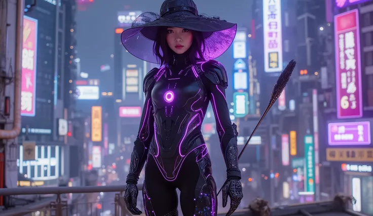 Cyberpunk witch in a high-tech bodysuit with neon purple accents, digital broom, hovering next to her, mechanical gloves, LED hat, stands on a roof in neon city, hyperrealistic lighting and shadows, full body