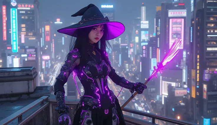 Cyberpunk witch in a high-tech bodysuit with neon purple accents, digital broom, hovering next to her, mechanical gloves, LED hat, stands on a roof in neon city, hyperrealistic lighting and shadows, full body