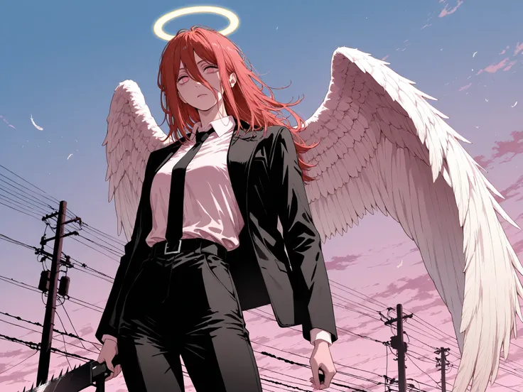 angel_devil_\(chainsaw_man\), 1girl, solo, long_hair, looking_at_viewer, shirt, long_sleeves, holding, hair_between_eyes, jacket, white_shirt, weapon, outdoors, cowboy_shot, red_hair, wings, necktie, sky, collared_shirt, pants, belt, pink_eyes, halo, black...