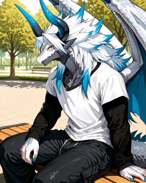best quality,4g1typ3,Batzz,,Dragon, solo, male focus, white body, blue tails, muscular, white hair with blue tips, Maine, long hair, tailed hair, long face, horns, blue nail, Dragon boy, tail, big wings, detailed eyes, yellow eyes, eye shadow, eyeliner, ma...