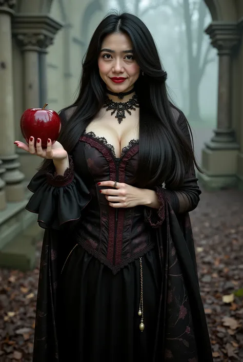 Girl,Black long hair,Black Queen,accessories,Apple in hand,Poison apples,Witch Queen,Red lipstick