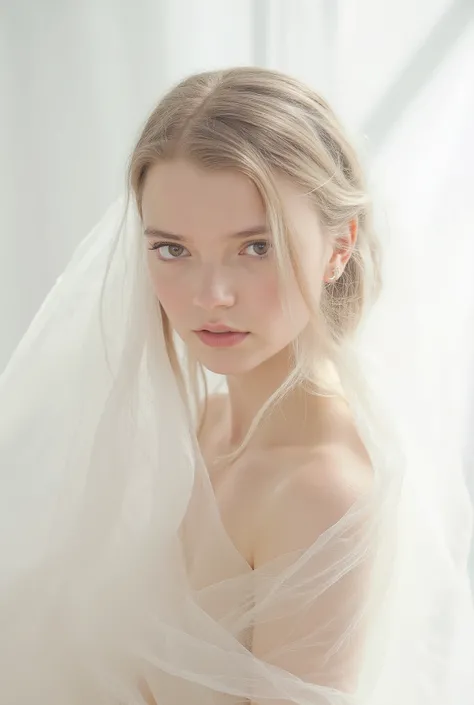 A girl with a soft, serene expression stands wrapped in a delicate, ethereal fabric. Her skin appears to have a flawless, creamy texture, enhanced by the soft glow of the ambient light. Her long white hair, styled in elegant waves, is pinned up partially, ...