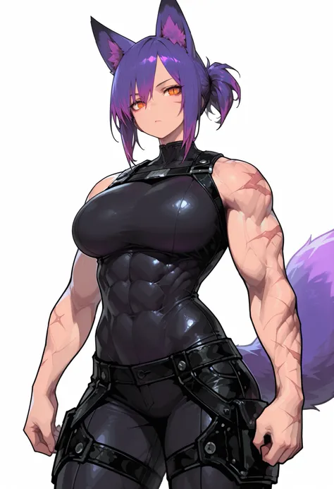 gorgeous kitsune girl, beautiful face, kitsune, purple color hair, hunter girl, orange eyes, slit pupils, detailed eyes, personalami style, volputrous body, covered breasts, curvy and athletic, kitsune ears, hair tied in a ponytail, lean muscles, black bod...