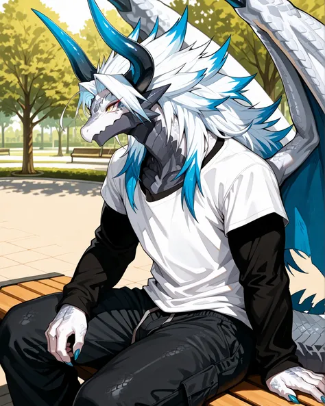 best quality,4g1typ3,Batzz,,Dragon, solo, male focus, white body, blue tails, muscular, white hair with blue tips, Maine, long hair, tailed hair, long face, horns, blue nail, Dragon boy, tail, big wings, detailed eyes, yellow eyes, eye shadow, eyeliner, ma...