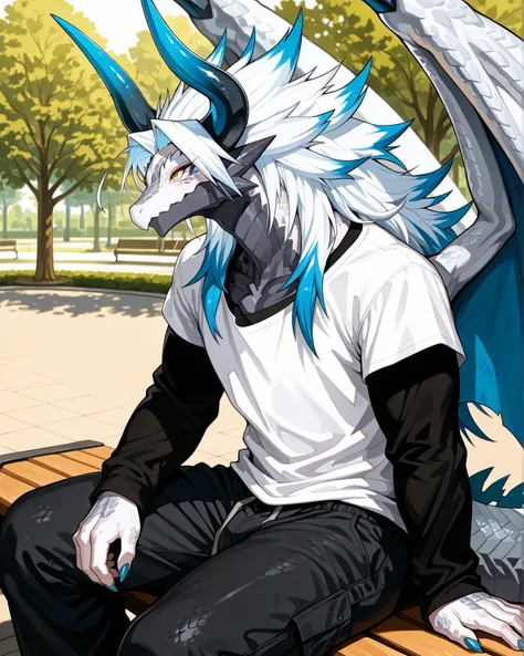 best quality,4g1typ3,Batzz,,Dragon, solo, male focus, white body, blue tails, muscular, white hair with blue tips, Maine, long hair, tailed hair, long face, horns, blue nail, Dragon boy, tail, big wings, detailed eyes, yellow eyes, eye shadow, eyeliner, ma...