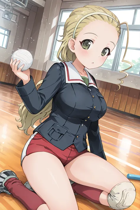 sasaki akebi \(girls und panzer\),ooarai military uniform,no skirt,red shorts,short shorts,red socks,white knee pads,gymnasium,solo,