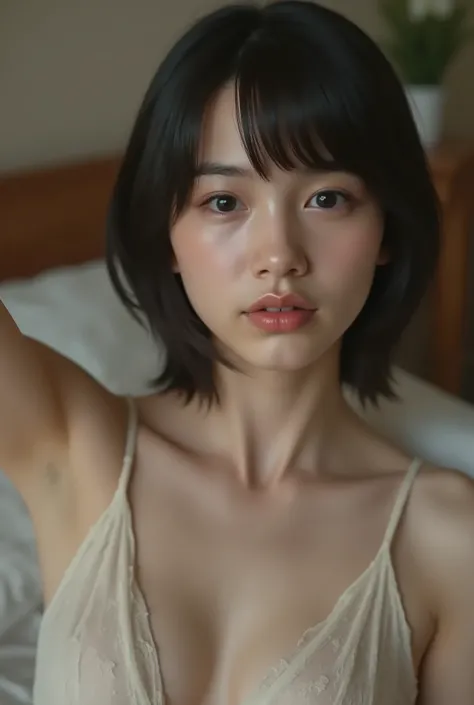 (( premium quality, 8k )), ((masterpiece)), ( details), 、dark hair, Japanese Girl, first-person view ,One Woman, thin girl, petite girl , sexy,( full nude, in the bedroom),((( very large breasts, full nude, beautiful breasts, short bob ha...