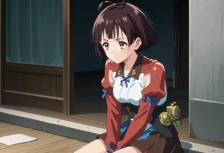 dressed mini skirt, cute, rural area, investigating, thinking, sitting, mumei, mumei (kabaneri), short hair, brown hair, black hair, red eyes, medium breasts, anime screencap, solo, score_9, score_8_up, score_8, score_7_up, score_7, score_6_up, score_6, sc...