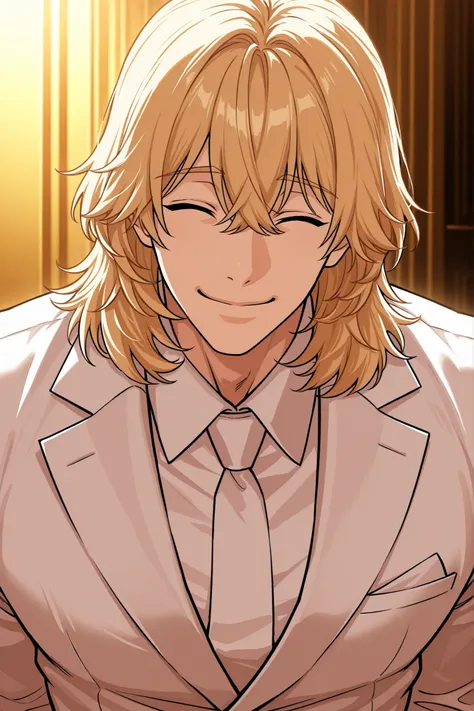 1 male, alone, handsome, muscular, medium hair, blonde hair, bangs between the eyes, happy squinting closed eyes, playful smile, niceful impression, fake, white suit, head up, upper body, looking at viewer, boss vibes, mafia scenery
