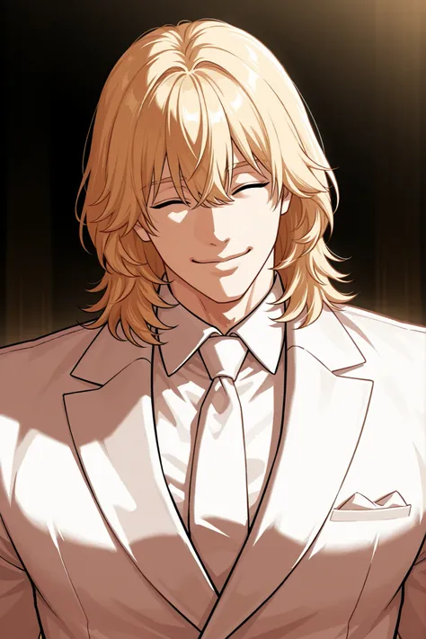 1 male, alone, handsome, muscular, medium hair, blonde hair, bangs between the eyes, happy squinting closed eyes, playful smile, niceful impression, fake, white suit, head up, upper body, looking at viewer, boss vibes, mafia scenery