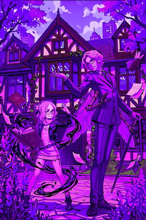 A girl and man pose outside of a library, conflict, Tudor style library, masterpiece, detailed_eyes, high_quality, best_quality, highres, absurdres, 8k, 1girl, 1boy, small girl in a sweater dress and tiny leather jacket casts a spell from a tome, black ink...