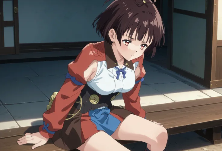 white shirt, dressed mini skirt, sleepy, cute, rural area, thinking, sitting, mumei, mumei (kabaneri), short hair, brown hair, black hair, red eyes, medium breasts, anime screencap, solo, score_9, score_8_up, score_8, score_7_up, score_7, score_6_up, score...