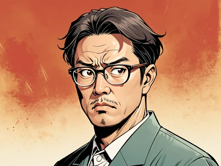 A serious middle-aged Korean man with middle-aged glasses turned around in a comic book style