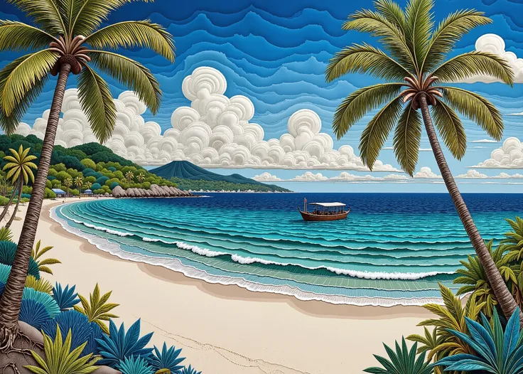 masterpiece, best composition, top quality, Patchwork Quilt World, handmade style, high resolution image、shot with a wide angle lens、Mysterious Seas in Southeast Asia、evening sea、Endless horizon 、Blue Sky、Clouds turning yellow to orange、clear cobalt blue ...