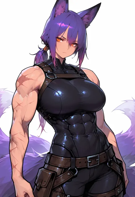 gorgeous kitsune girl, beautiful face, kitsune, purple color hair, hunter girl, orange eyes, slit pupils, detailed eyes, personalami style, volputrous body, covered breasts, curvy and athletic, kitsune ears, hair tied in a ponytail, lean muscles, black bod...