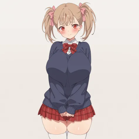 masterpiece, ultra-HD, impressionism, high detail, best quality, very aesthetic, 8K, best quality, beautiful, ultra-high resolution, 32K UHD, sharp focus, 1girl, solo, Rumi, light brown hair, twin pigtails, middle bangs, hair ribbons, pink ribbons, red eye...