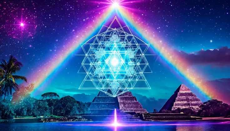 visionary spiritual art 5D,  an ethereal feminine being of pure crystalline light that emerges from sacred geometry, radiant aura of prismatic rainbow light, translucent and shiny skin with inner starlight, surrounded by rotating luminous merkabas, Metatro...