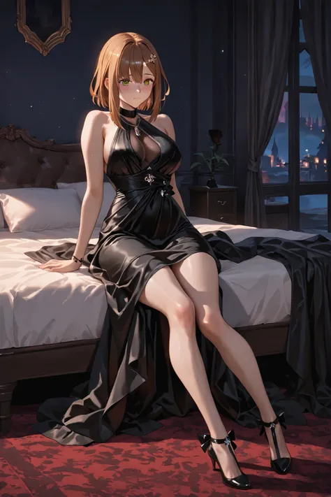 ryza, black evening dress, is embarrassing, masterpiece, High Quality, amazingly detailed, detailed faces, Official Art, 8k, long legs, black high heels for teacups, DARK BEDROOM, sitting on bed