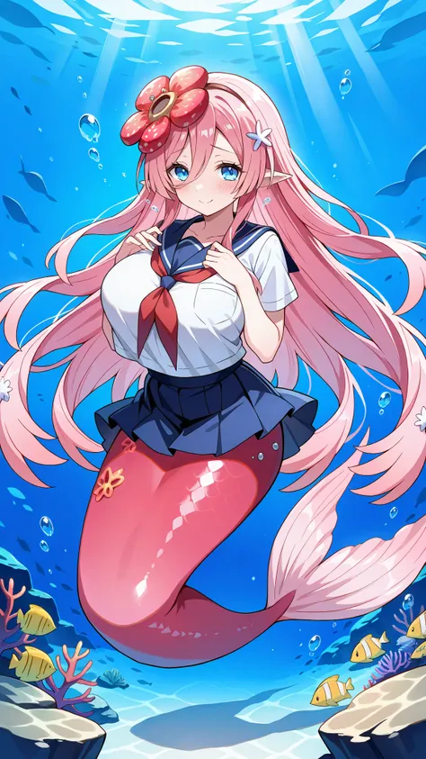 (Fraction_9:0.9),Fraction_8_Up,Fraction_7_Up,grade,(zPDXL3),(   masterpiece),  (Best Quality ),(All five fingers ),A Girl,alone,traptrix_rafflesia,PINK HAIR,Rawang flower hair ornament ,Long hair ,blue eyes, Japanese school uniform, skirt,Big breasts,Big b...