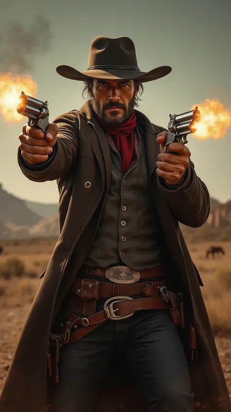 highdefinition images、HUNTER、the man、Bounty Hunter、Royal Road in Westerns、Silverado's Gunman、shooting with two silver handguns spread his hands left and right、