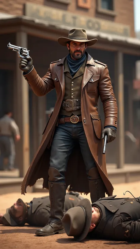 highdefinition images、Western Bounty Hunter、Gunman with a silver handgun wins a duel in front of a bar