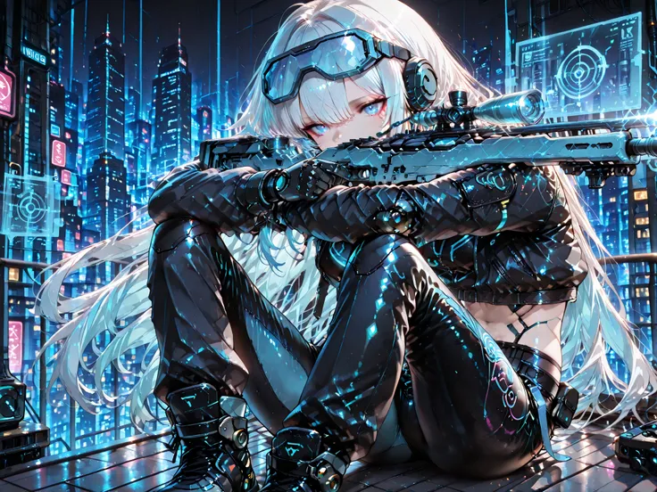 masterpiece、top quality、8k, Dynamic Pose、dynamic angle、wide shot、(Android girl aiming at a target with a sniper rifle)，A woman (android girl, mechanical limbs, blue reinforced glass goggles, very long white hair (highlights neon blue), headset, leather jac...