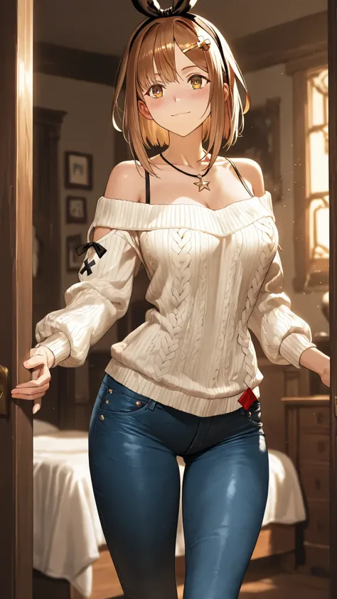 ryza, Off Shoulder Rib Knit, tight low rise jeans,  is embarrassing, masterpiece, High Quality, amazingly detailed, detailed faces, Official Art, 8k, long legs,  standing in dark bedroom 