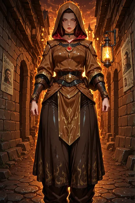  Azula , amber eyes . wavy dark brown hair strands above her shoulders. short hair. small saggy breasts. huge hips. choker. |  Dark fantasy city at dusk, lone bounty hunter moving through narrow cobblestone alleys, non‑transparent practical attire (long re...