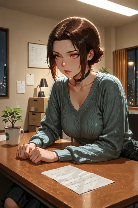  Azula , amber eyes . wavy dark brown hair strands above her shoulders. short hair. small saggy breasts. huge hips. choker. |  Portrait of a woman in a modern office after receiving unexpected layoff news, medium shot focusing on emotional expression. She ...