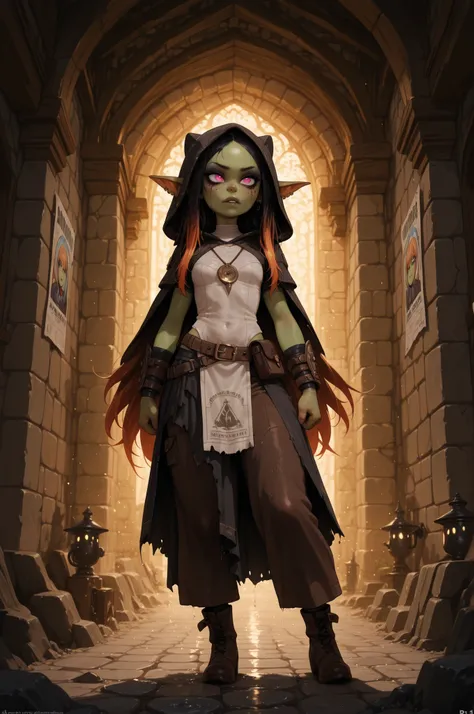 female punk, very long hair, rainbow hair, black eye , facial piercings, eye makeup, flat breasts, meduim hips, (goblin girl:1.0) (shortstack:1.0) (green skin:1.0) Dark fantasy city at dusk, lone bounty hunter moving through narrow cobblestone alleys, non‑...