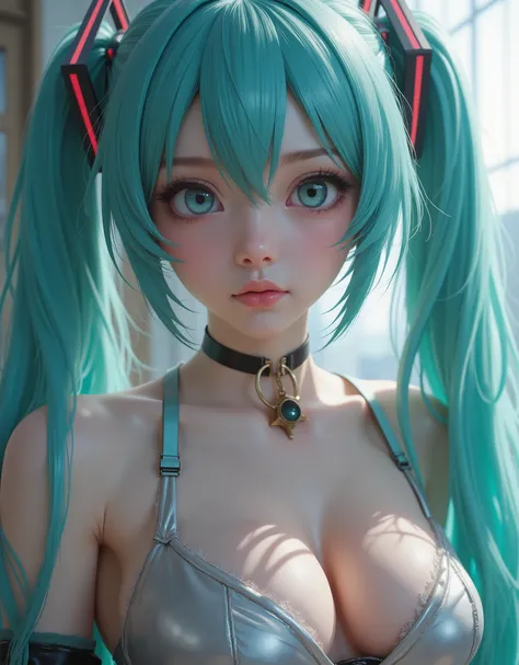 close up (hyperrealistic) The ((Hatsune Miku)),rostro hermoso,hair ((verThe esmeralda)),((very long twin pigtails)),eyes granThes,eyes ((verThe esmeralda ultraThetallados)),Thetalles finos en el rostro,pestañas largas y Thefinidas,textura realista The piel...
