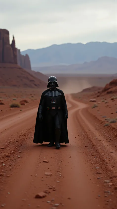 highdefinition images、walking along an unpaved path in the desert、Darth Vader、Monument Valley views