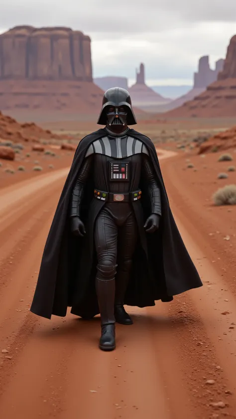 highdefinition images、walking along an unpaved path in the desert、Darth Vader、Monument Valley views