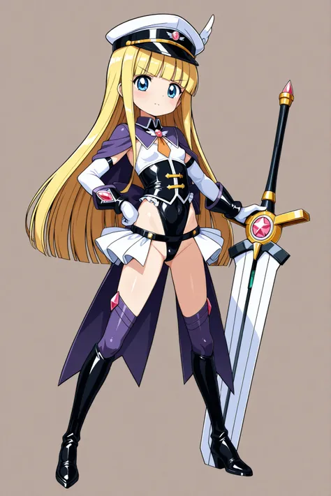 young small girl, straight hair, long hair, small breasts, military magical girl outfit, highleg:1.1, simple background, full body, kuroinu style:1.1, broadsword
