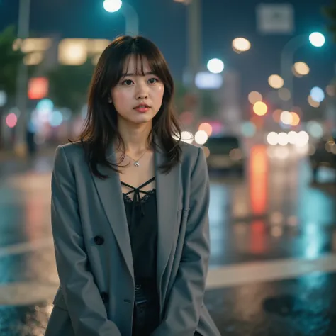 An unexpected event at a city intersection、A streetlight reflecting off the rain-soaked road surface、A young Japanese woman with a surprised expression、At the daytime intersection、she stood up surprised、Cinematic Composition、inspirational moment、INTENSE PH...