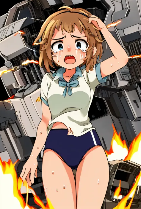 cockpit_explosion, fire, electricity, screaming, explosion, science fiction, wide-eyed, tearing clothes, standing, , scared, sweat, crying, mecha, torn clothes, tears, cockpit,1girl、wearing black gymnastics bloomers,high leg,white blouse,cowboy shot,self w...