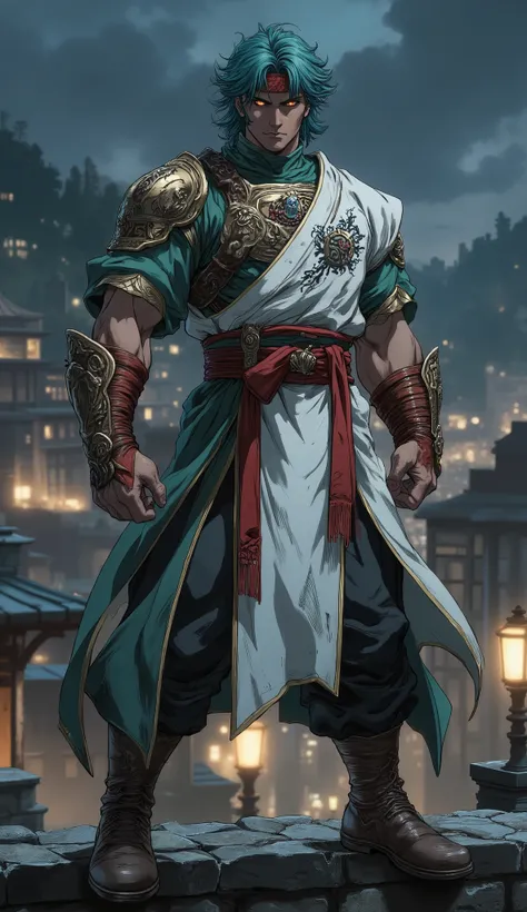 Exquisite mature anime illustration with a fantasy wuxia atmosphere. An unruly young man stands with legs apart, poised steadily on the edge of a stone rooftop against a blurred night town background. He possesses an athletic, muscular physique full of exp...
