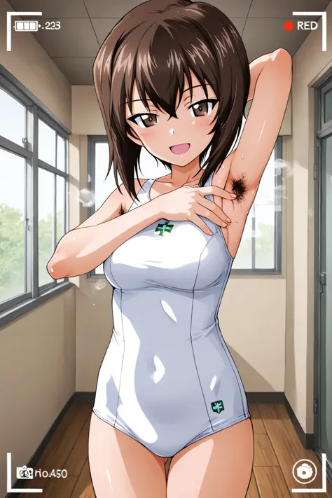 1girl, Character, Girls_und_Panzer, momo kawashima, happy, , selfie, viewfinder display, School hallway, Girls_und_Panzer art style(armpit　hair ,white school swim suit ,steam ,spread armpit :1.0)