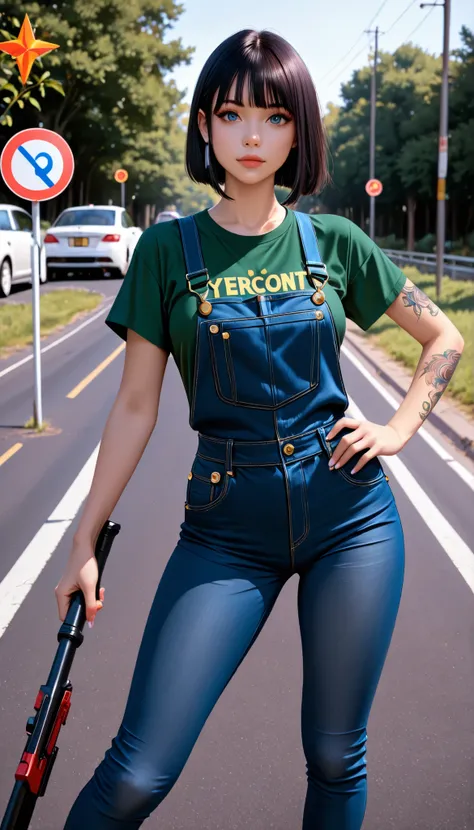 ((RAW Photo), Absurdities, (Absurd Resolution)), ((Hyperrealism, Photorealism)), (Maximum Quality, 16k, Masterpiece, Ultra Detailed) (beautiful girl, 21 years old), (blue eyes), (haircut, straight, ironed, bangs, white with black highlights), (slender woma...