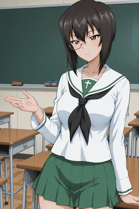 kawashima momo \(girls und panzer\),monocle,ooarai school uniform,classroom,solo,