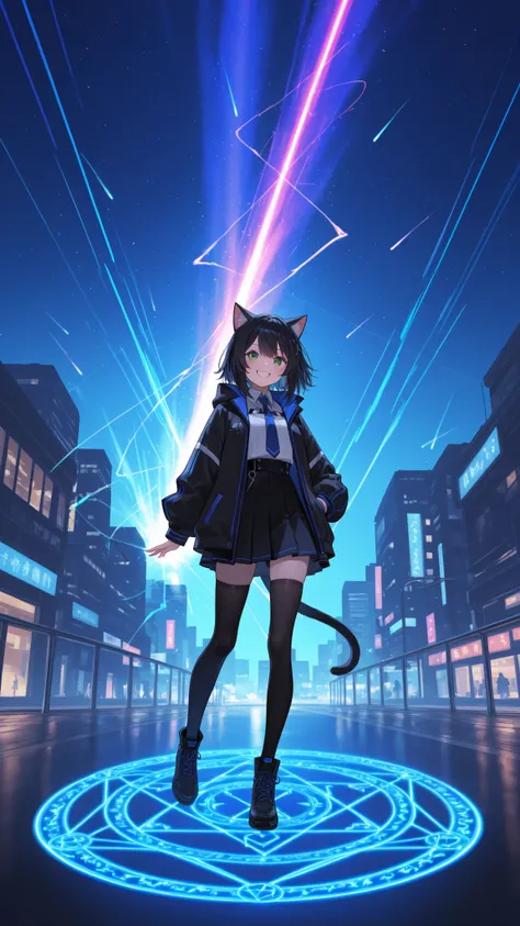 highdefinition images、in the night view of a cyber city、a magic circle appears in the sky、A cat girl is smiling、and {x} laser lights of energy fly around countless times