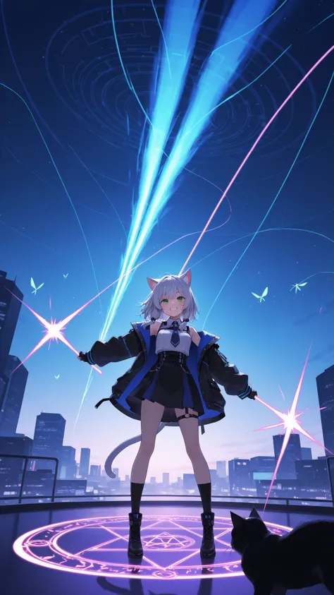 highdefinition images、in the night view of a cyber city、a magic circle appears in the sky、A cat girl is smiling、and {x} laser lights of energy fly around countless times