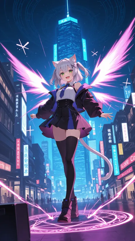 highdefinition images、in the night view of a cyber city、a magic circle appears in the sky、A cat girl is smiling、and {x} laser lights of energy fly around countless times