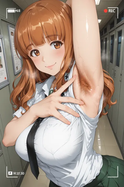 1girl, Character, Girls_und_Panzer, takebe saori, happy, Saunders school uniform, selfie, viewfinder display, School hallway, Girls_und_Panzer art style(black armpit　hair ,steam ,spread armpit ,large breasts :1.0)