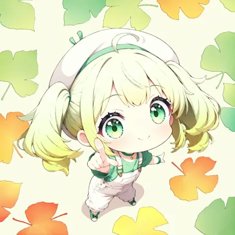 1girl, solo, (smile), pointing at viewer, chibi style, (smile, round face, Punipuni, Deformed Characters:1.4), (masterpiece, Brilliant Color Palettes, top quality:1.2), white beret with leaves, twin tails with short green hair, ahoge, green eyes, green t...