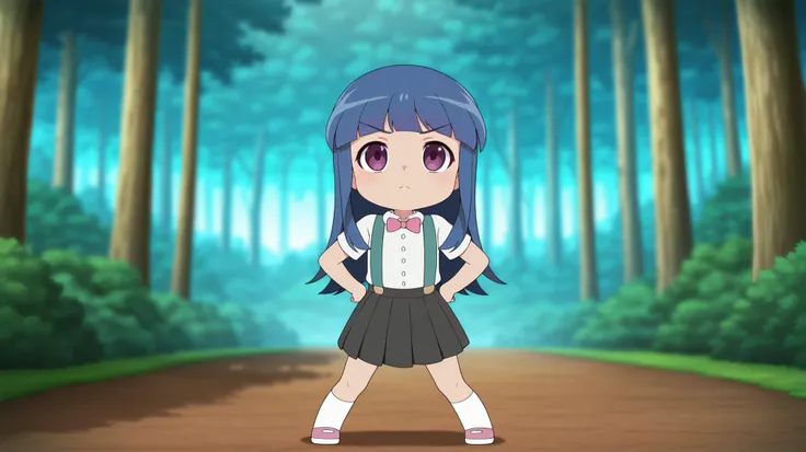 1girl, solo, a_ey, higurashimei, furude rika, blue hair, purple eyes, long hair, blunt bangs, bangs, ((flat_chest)), bow, skirt, shirt, suspenders, short sleeves, pleated skirt, white shirt, pink bow, suspender skirt, school uniform, black skirt, collare...