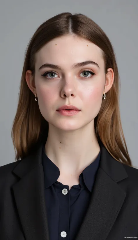 Passport photo of a neat young woman、facing directly、camera list、office lady suit、jacket、shirt、、、ear piercings、前髪あり、、、無表情、、、has closed its mouth、face close-up、grey background