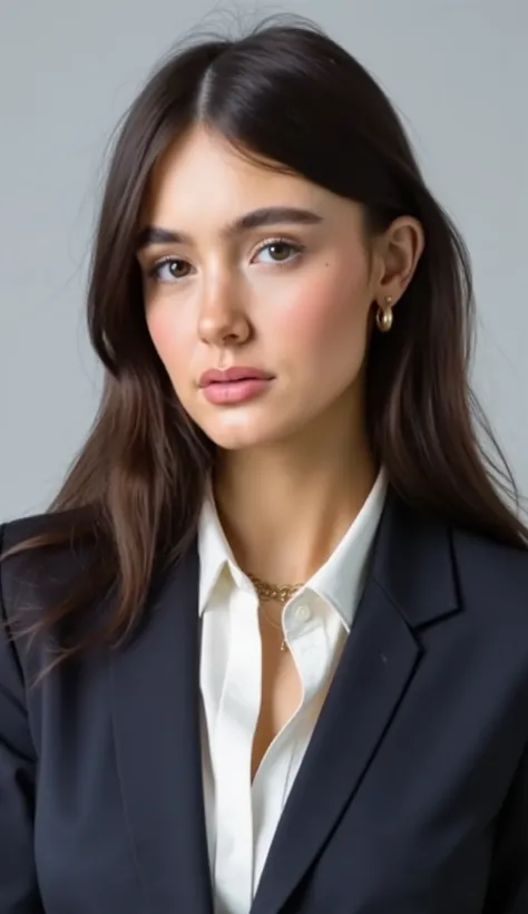 Passport photo of a neat young woman、facing directly、camera list、office lady suit、jacket、shirt、、、ear piercings、前髪あり、、、無表情、、、has closed its mouth、face close-up、grey background