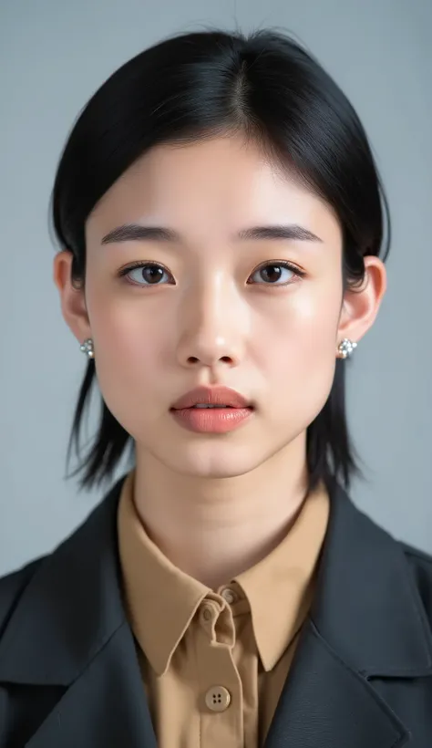 Passport photo of a neat young woman、facing directly、camera list、office lady suit、jacket、shirt、、、ear piercings、前髪あり、、、無表情、、、has closed its mouth、face close-up、grey background
